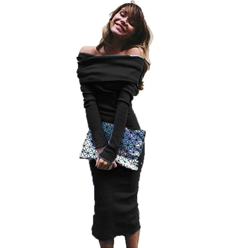 Sexy Off Shoulder Knitted Dress For Women Long Sleeve Slash Neck Women Dress Slim Bodycon Dress Ladies
