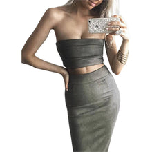 2 pieces Women Sexy Strapless Suede Bandage Bodycon Midi Skirts Club Bandage Vestidos Suede Bodycon Outfits GV483