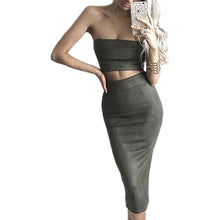 2 pieces Women Sexy Strapless Suede Bandage Bodycon Midi Skirts Club Bandage Vestidos Suede Bodycon Outfits GV483