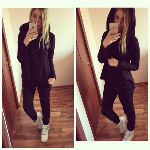 2 Pieces Sets Womens Hoodie Tracksuit Irregular Sweatshirt Hooded Sport Wear Sportsuits Casual Chandal Mujer Suit M0456
