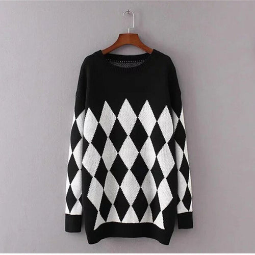 Contrast color Argyle Plaid Sweater Women O neck Long Sleeve Knitwear Jumper Pullover kleding jerseis mujer femme