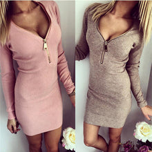 Sexy Knitted Bodycon Dress Long Sleeve Basic Dress V neck Mini Dresses Zipper Bodycon Dress For Women