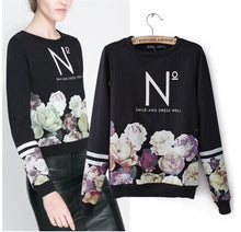 European Flower Print Hoodies Women Long Sleeve Letter Print Sweatshirt Casual Pullover Sweatshirt Women