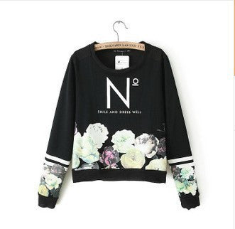 European Flower Print Hoodies Women Long Sleeve Letter Print Sweatshirt Casual Pullover Sweatshirt Women