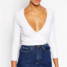 Low Cut Deep V Neck Crop Top Sexy Short T shirt 70s Wrap Crop Top Tshirt Women Harajuku Women Clothing