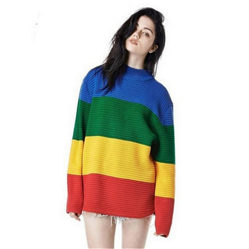 Harajuku Loose Sweater Crayola Rainbow Stripe Women Sweater Oversized Pullover Knit O neck Women Sweaters And Pullovers