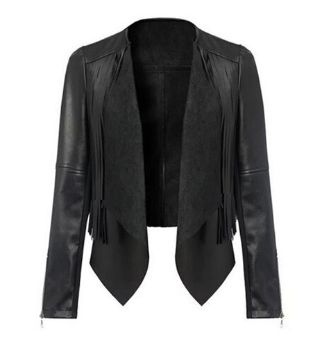 Women's Trendy Faux Leather Button Up Collar Lapel Long sleeve Tassel Short Jacket Coat Suit Tops