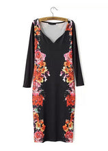 Sexy Women's Retro Symmetrical Flower Floral Print Heart V Neck Long Sleeve Fitted Bodycon Dresses Pencil Party Dress