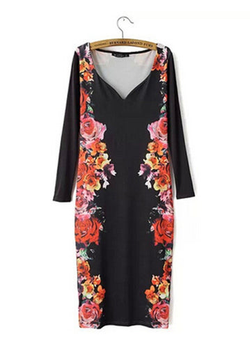 Sexy Women's Retro Symmetrical Flower Floral Print Heart V Neck Long Sleeve Fitted Bodycon Dresses Pencil Party Dress