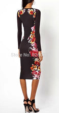 Sexy Women's Retro Symmetrical Flower Floral Print Heart V Neck Long Sleeve Fitted Bodycon Dresses Pencil Party Dress
