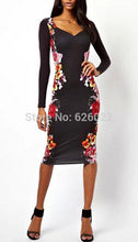 Sexy Women's Retro Symmetrical Flower Floral Print Heart V Neck Long Sleeve Fitted Bodycon Dresses Pencil Party Dress