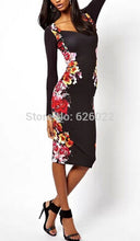 Sexy Women's Retro Symmetrical Flower Floral Print Heart V Neck Long Sleeve Fitted Bodycon Dresses Pencil Party Dress