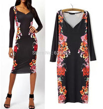 Sexy Women's Retro Symmetrical Flower Floral Print Heart V Neck Long Sleeve Fitted Bodycon Dresses Pencil Party Dress