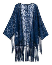 Women's Blue Lace Crochet Embroidered Loose Kimono Cardigan Tassels Long Sleeve Shirts No Button Blouses Tops