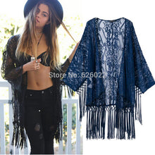Women's Blue Lace Crochet Embroidered Loose Kimono Cardigan Tassels Long Sleeve Shirts No Button Blouses Tops
