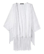 Women's Blue Lace Crochet Embroidered Loose Kimono Cardigan Tassels Long Sleeve Shirts No Button Blouses Tops
