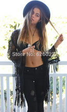 Women's Blue Lace Crochet Embroidered Loose Kimono Cardigan Tassels Long Sleeve Shirts No Button Blouses Tops
