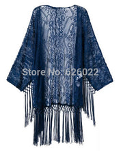 Women's Blue Lace Crochet Embroidered Loose Kimono Cardigan Tassels Long Sleeve Shirts No Button Blouses Tops