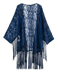 Women's Blue Lace Crochet Embroidered Loose Kimono Cardigan Tassels Long Sleeve Shirts No Button Blouses Tops