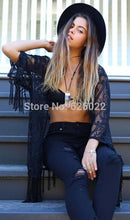 Women's Blue Lace Crochet Embroidered Loose Kimono Cardigan Tassels Long Sleeve Shirts No Button Blouses Tops