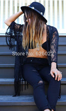 Women's Blue Lace Crochet Embroidered Loose Kimono Cardigan Tassels Long Sleeve Shirts No Button Blouses Tops