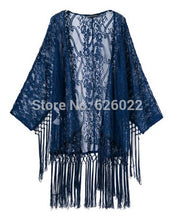 Women's Blue Lace Crochet Embroidered Loose Kimono Cardigan Tassels Long Sleeve Shirts No Button Blouses Tops