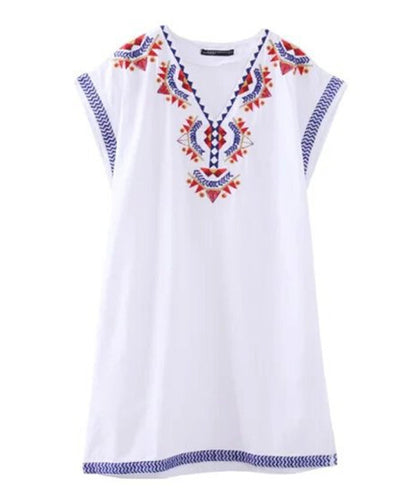 Women's Ethnic Embroidery Geometric Floral Cotton V Neck Shift Dress Chic Contrast color Sleeveless Short Dresses