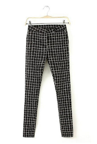 Women's Black & White Contrast Color Plaid Print Slim Fit Casual Pancil Pants Long Trousers