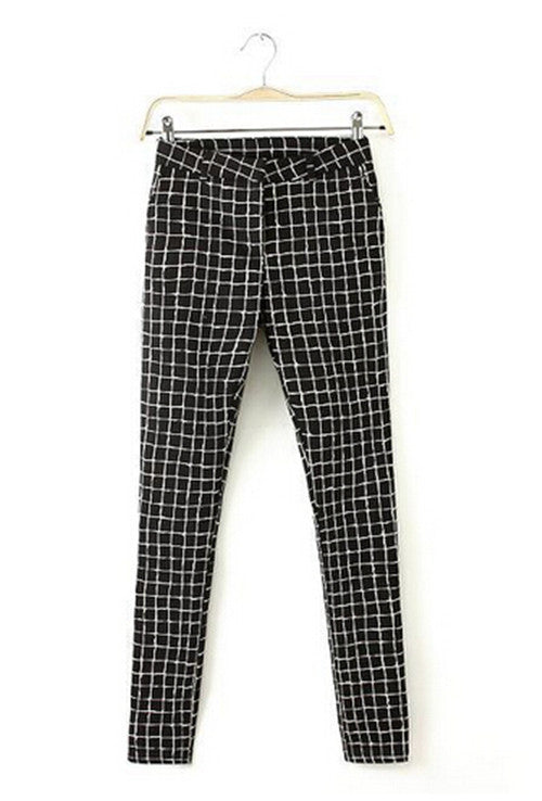 Women's Black & White Contrast Color Plaid Print Slim Fit Casual Pancil Pants Long Trousers