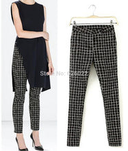 Women's Black & White Contrast Color Plaid Print Slim Fit Casual Pancil Pants Long Trousers