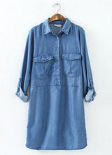 Women's Lapel Pockets on Front Casual Denim Shirt Dress Rolled up Long Sleeve Short Mini Straight Dresses Tops