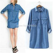 Women's Lapel Pockets on Front Casual Denim Shirt Dress Rolled up Long Sleeve Short Mini Straight Dresses Tops