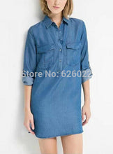 Women's Lapel Pockets on Front Casual Denim Shirt Dress Rolled up Long Sleeve Short Mini Straight Dresses Tops