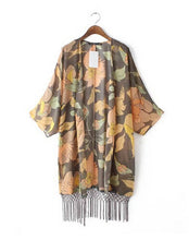 Women's Retro Ethnic Leaves & Flower Print Long Tassel Cardigan Kimono Shirt No button Beach Blouses Tops Sunscreen