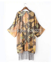 Women's Retro Ethnic Leaves & Flower Print Long Tassel Cardigan Kimono Shirt No button Beach Blouses Tops Sunscreen