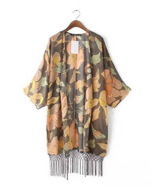 Women's Retro Ethnic Leaves & Flower Print Long Tassel Cardigan Kimono Shirt No button Beach Blouses Tops Sunscreen