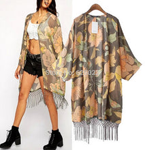 Women's Retro Ethnic Leaves & Flower Print Long Tassel Cardigan Kimono Shirt No button Beach Blouses Tops Sunscreen