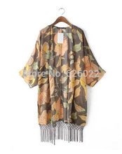 Women's Retro Ethnic Leaves & Flower Print Long Tassel Cardigan Kimono Shirt No button Beach Blouses Tops Sunscreen