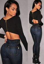 Sexy Backless Long Sleeve Crop Top T Shirts O Neck Back Zipper Top Solid Color Cropped Tops Short T shirt Women