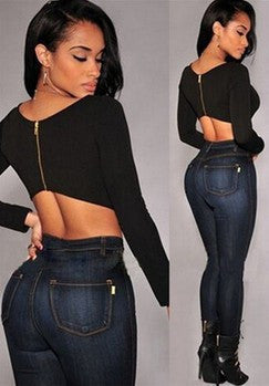 Sexy Backless Long Sleeve Crop Top T Shirts O Neck Back Zipper Top Solid Color Cropped Tops Short T shirt Women