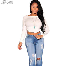 Sexy Backless Long Sleeve Crop Top T Shirts O Neck Back Zipper Top Solid Color Cropped Tops Short T shirt Women