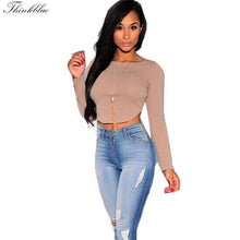 Sexy Backless Long Sleeve Crop Top T Shirts O Neck Back Zipper Top Solid Color Cropped Tops Short T shirt Women