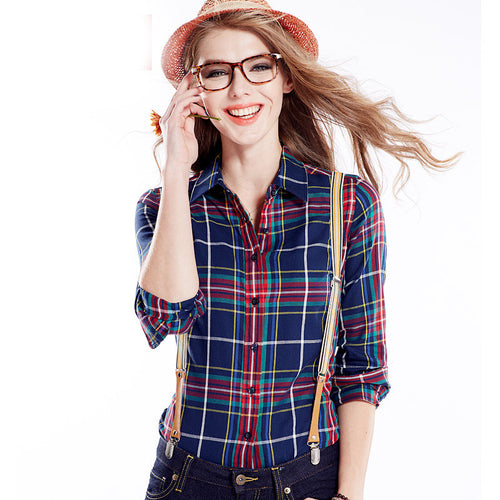 Casual blouse Women blouses Lapel Plaid Shirt Colorful Long Sleeve tops Cotton shirt clothing blusas