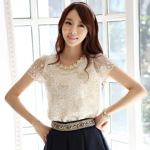Women's Lace tops Chiffon Shirts Beading Embroidery Blouse For Woman Lady Femininos Blusas J0569