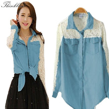 Lace Patchwork Denim Shirts Blue Long Sleeve Turn Down Collar Jeans Blouse Women Shirts Plus Size Blusa Feminina