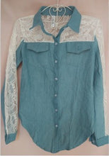 Lace Patchwork Denim Shirts Blue Long Sleeve Turn Down Collar Jeans Blouse Women Shirts Plus Size Blusa Feminina