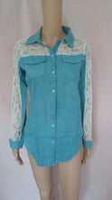 Lace Patchwork Denim Shirts Blue Long Sleeve Turn Down Collar Jeans Blouse Women Shirts Plus Size Blusa Feminina