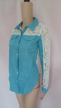 Lace Patchwork Denim Shirts Blue Long Sleeve Turn Down Collar Jeans Blouse Women Shirts Plus Size Blusa Feminina