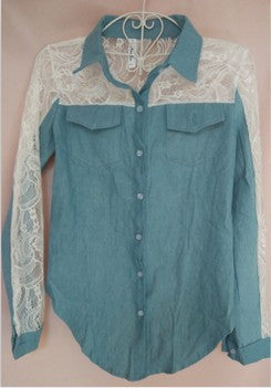 Lace Patchwork Denim Shirts Blue Long Sleeve Turn Down Collar Jeans Blouse Women Shirts Plus Size Blusa Feminina