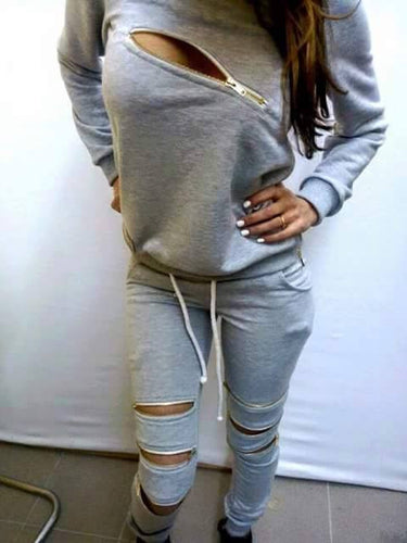 Woman's Tracksuits Sweatshirt+Pants 2 Pieces Set Women Clothing Gray Sports Suit Zipper Tracksuits Sports Costumes J4133